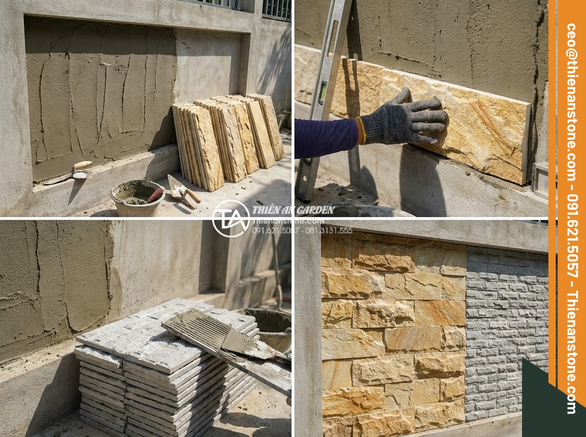So sánh đá ghép tự nhiên và gạch giả đá: Nên chọn loại nào để ốp tường? - Step-by-step installation process photos showing workers applying natural stacke