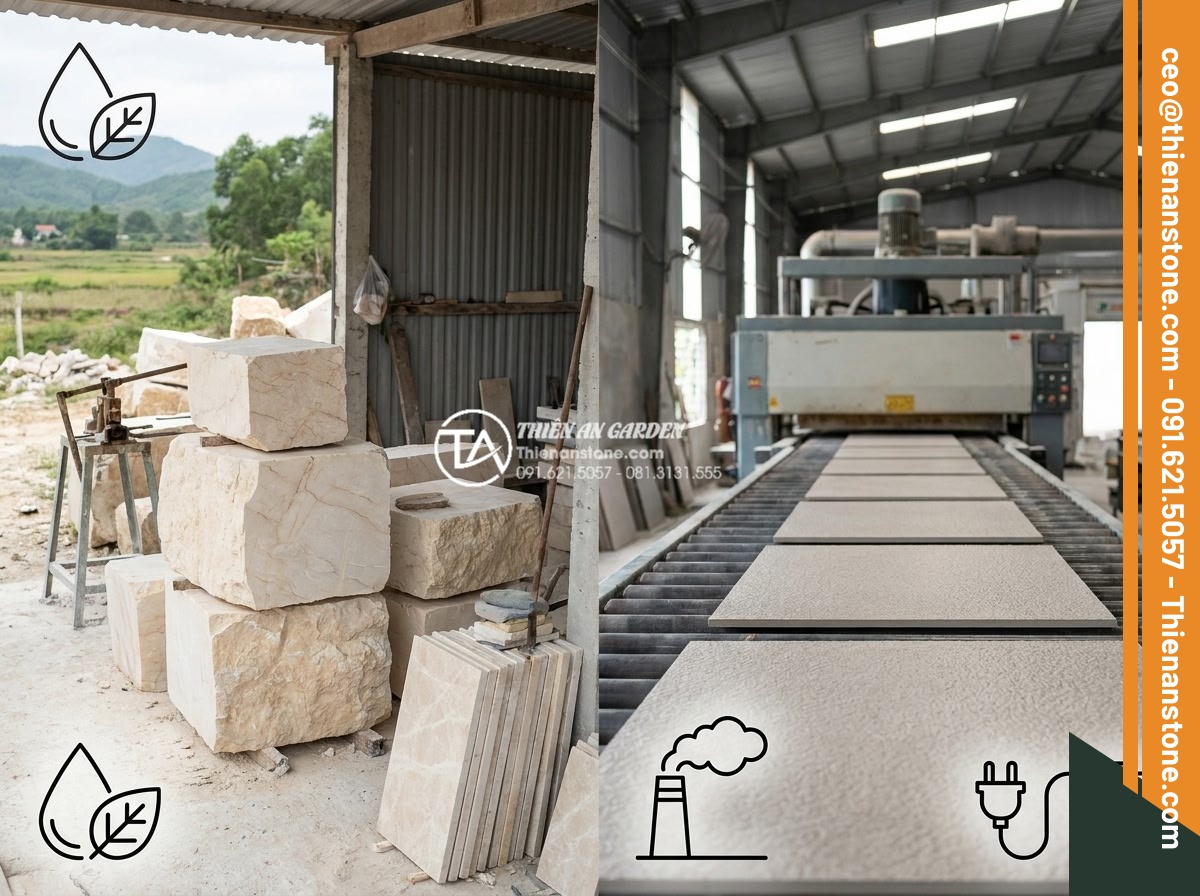 So sánh đá ghép tự nhiên và gạch giả đá: Nên chọn loại nào để ốp tường? - Eco-friendly comparison image showing sustainable sourcing of natural stone vers