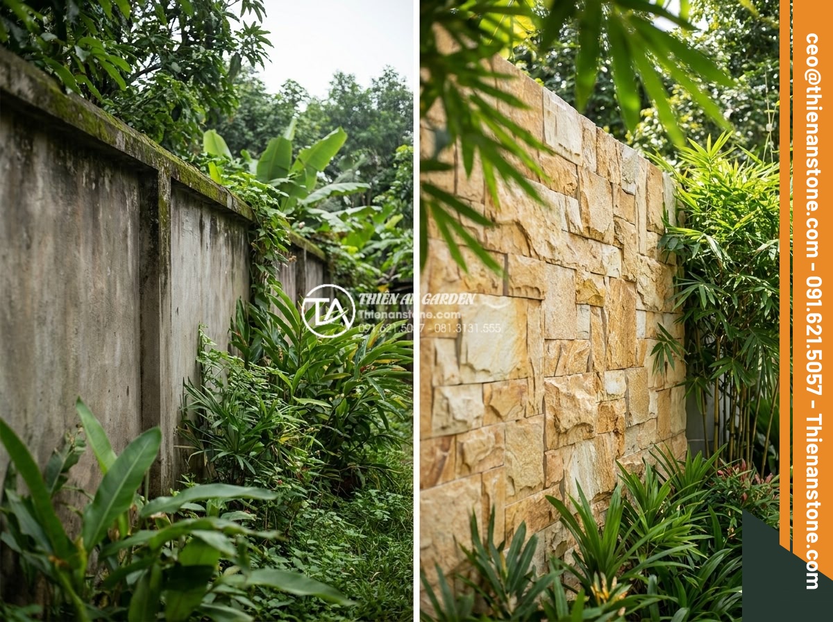 So sánh đá ghép tự nhiên và gạch giả đá: Nên chọn loại nào để ốp tường? - Before and after images of garden wall transformation using natural stone claddi