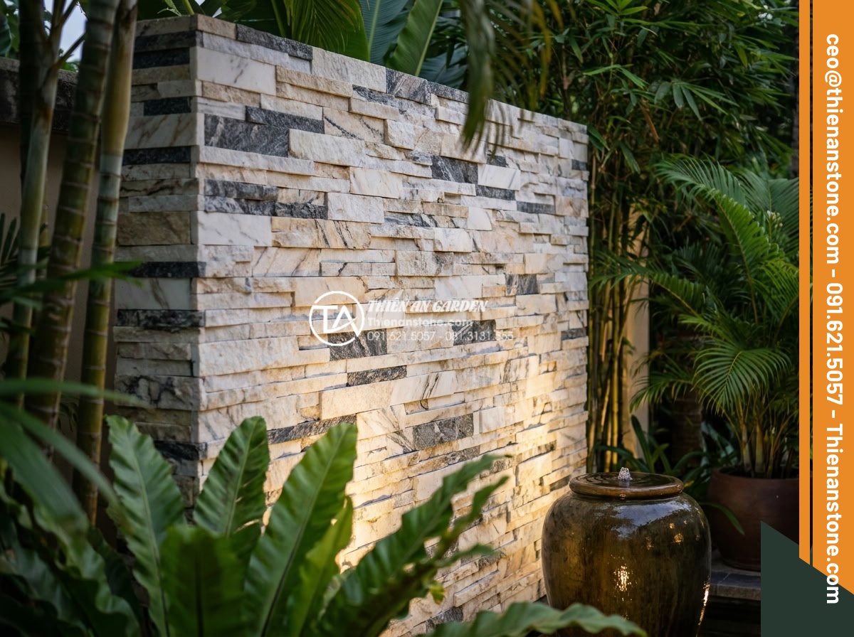 So sánh đá ghép tự nhiên và gạch giả đá: Nên chọn loại nào để ốp tường? - Artistic photo of luxurious natural stacked stone feature wall in a high-end res