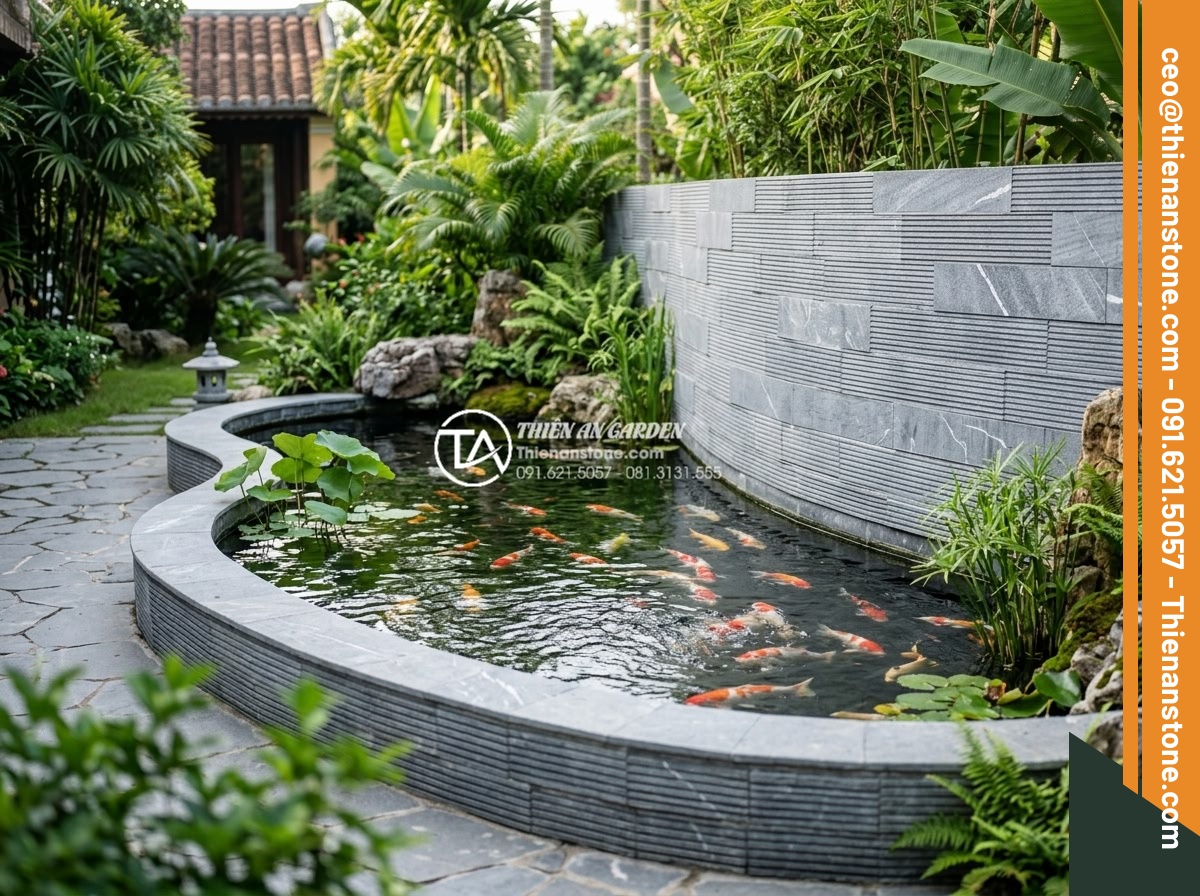 So sánh đá răng lược và gạch răng lược: Đâu là lựa chọn tối ưu? - Luxury koi pond surrounded by natural comb tooth stone walls and decorative rock