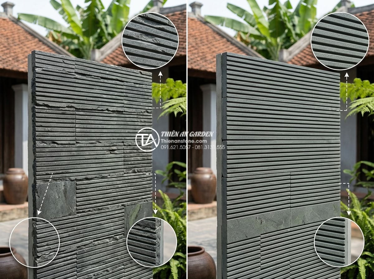 Sự khác biệt giữa đá răng lược chẻ tay và đá răng lược cắt máy - Side-by-side comparison infographic style image showing hand-chiseled irregular 