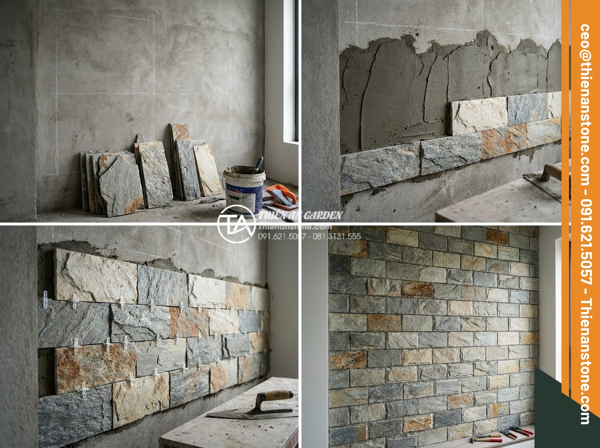 Sự khác biệt giữa ghép chỉ đá và ghép mòi đá trong thi công nội thất - Step-by-step professional stone inlay construction process in interior renovatio