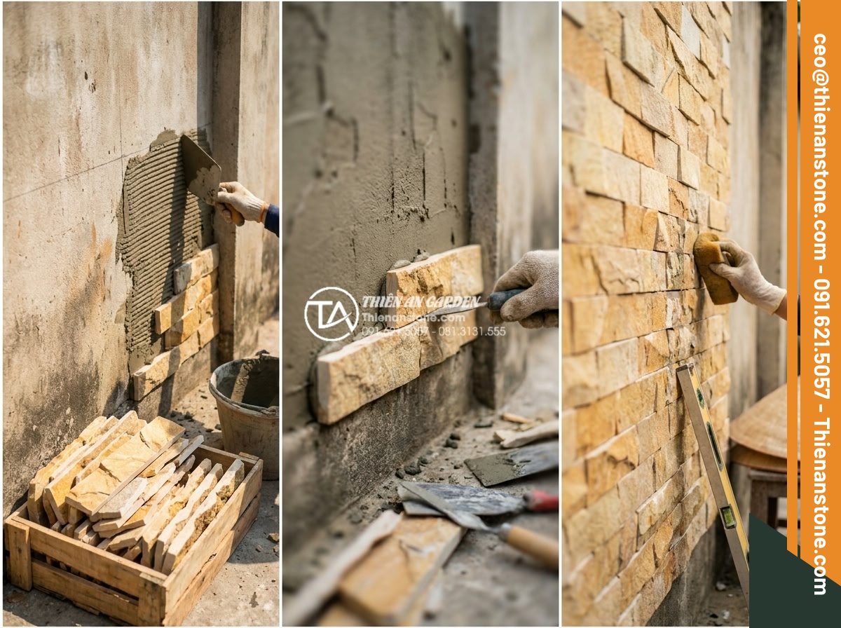 Sự khác biệt giữa ghép chỉ đá và ghép mòi đá trong thi công nội thất - Detailed workflow of precise stone strip mosaic installation by expert craftsmen