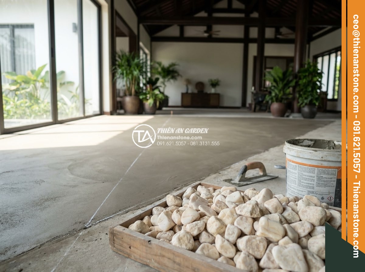 Sự khác biệt giữa ghép chỉ đá và ghép mòi đá trong thi công nội thất - Complete professional workflow for irregular stone pebble inlay technique in lux