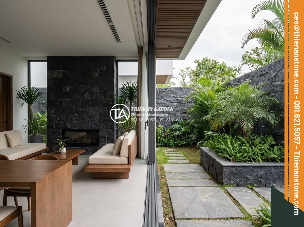 Sự khác biệt giữa ghép chỉ đá và ghép mòi đá trong thi công nội thất - Real world application of both stone inlay techniques in high-end villa interior