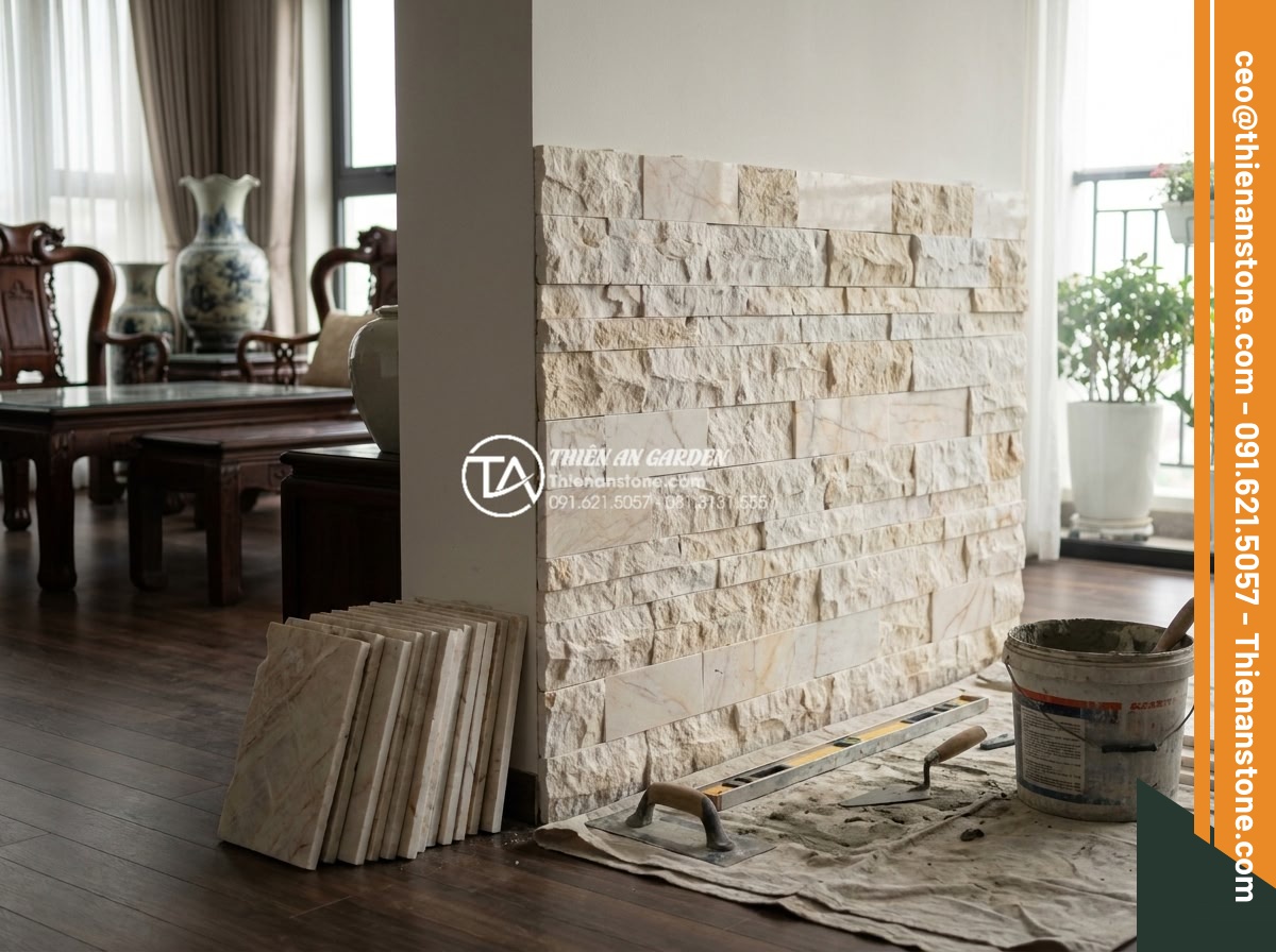 Sự khác biệt giữa ghép chỉ đá và ghép mòi đá trong thi công nội thất - Professional team from stone company working on high-end natural stone inlay pro