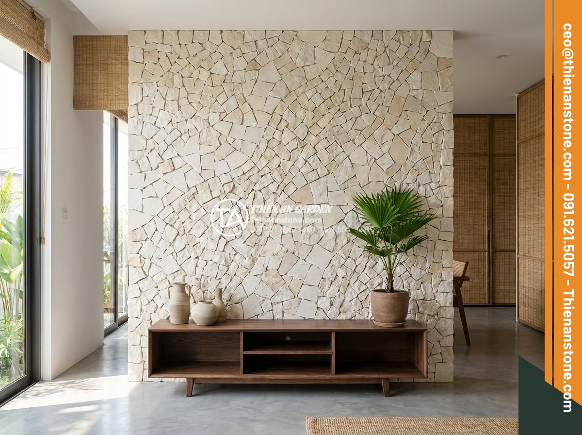 Sự khác biệt giữa ghép chỉ đá và ghép mòi đá trong thi công nội thất - Handcrafted stone mosaic installation in modern interior design featuring irregu