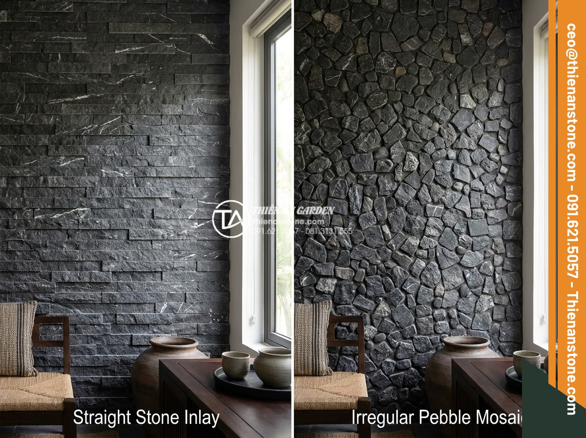 Sự khác biệt giữa ghép chỉ đá và ghép mòi đá trong thi công nội thất - Side-by-side comparison image of straight stone inlay versus irregular pebble mo