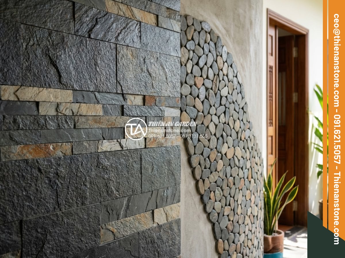 Sự khác biệt giữa ghép chỉ đá và ghép mòi đá trong thi công nội thất - Detailed visual contrast between linear stone strip inlay and organic pebble sto