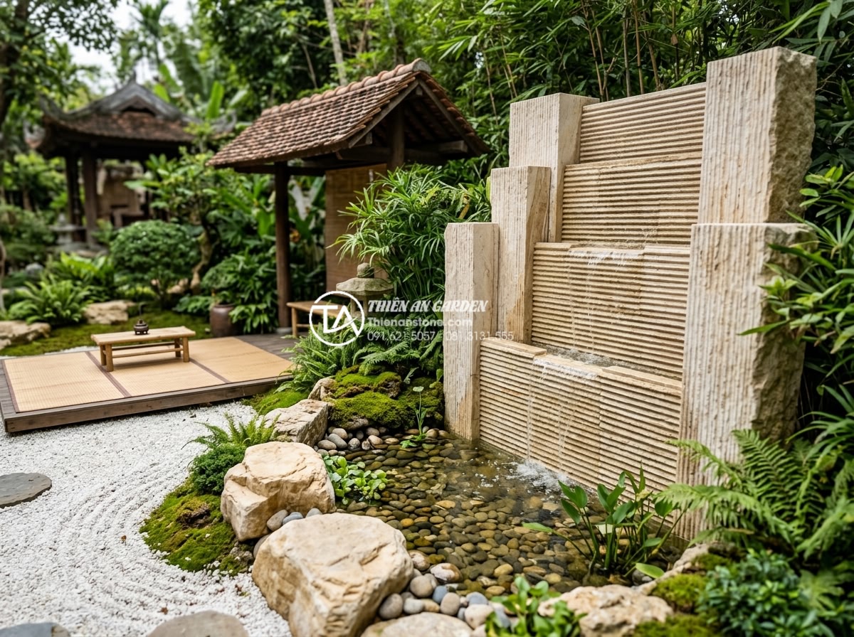 Tại sao đá chẻ răng lược là lựa chọn số 1 cho tiểu cảnh thác nước? - Zen-style rock garden waterfall constructed from split comb tooth natural stones