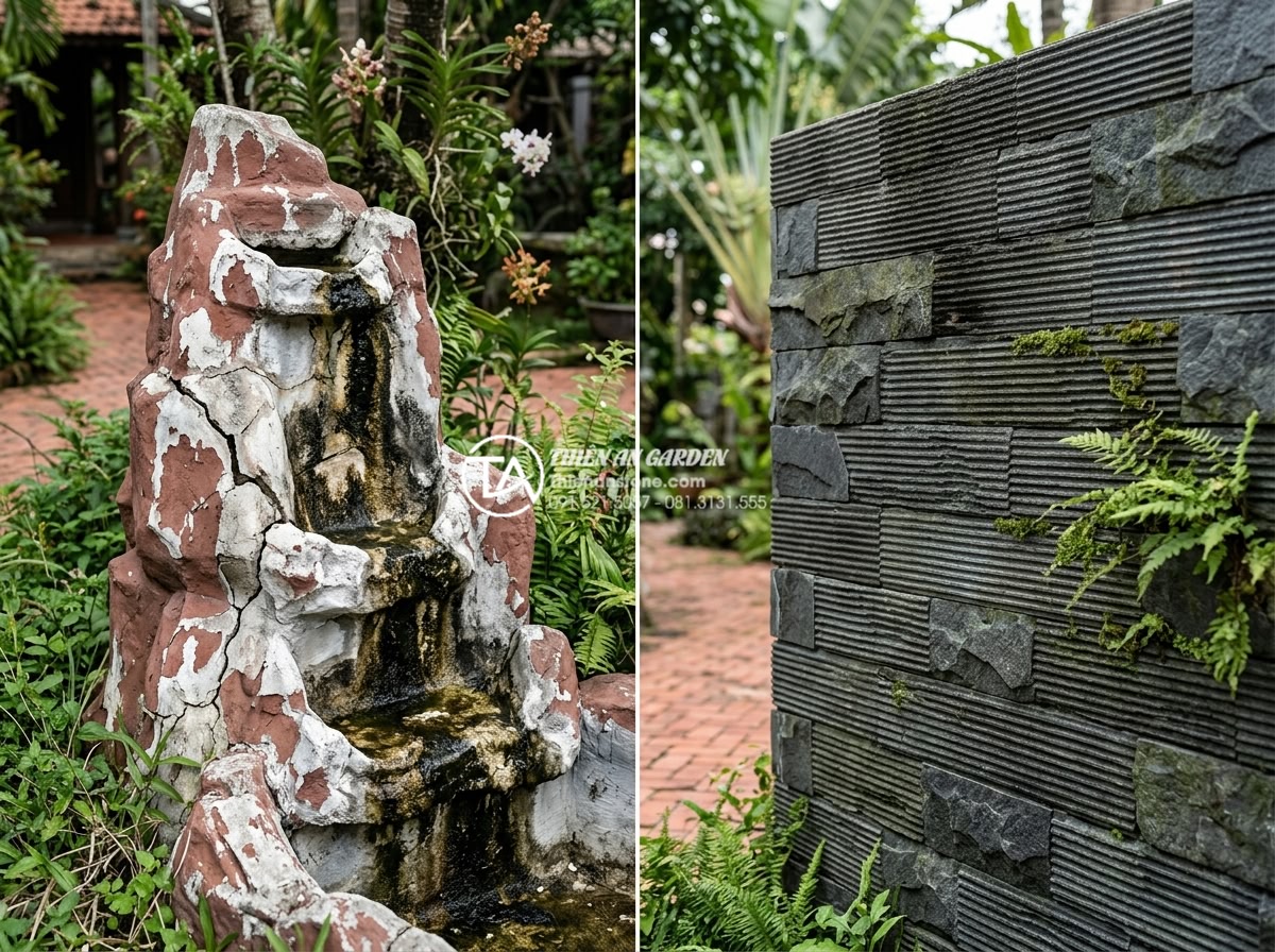 Tại sao đá chẻ răng lược là lựa chọn số 1 cho tiểu cảnh thác nước? - Real project comparison images showing failed artificial stone waterfall versus 