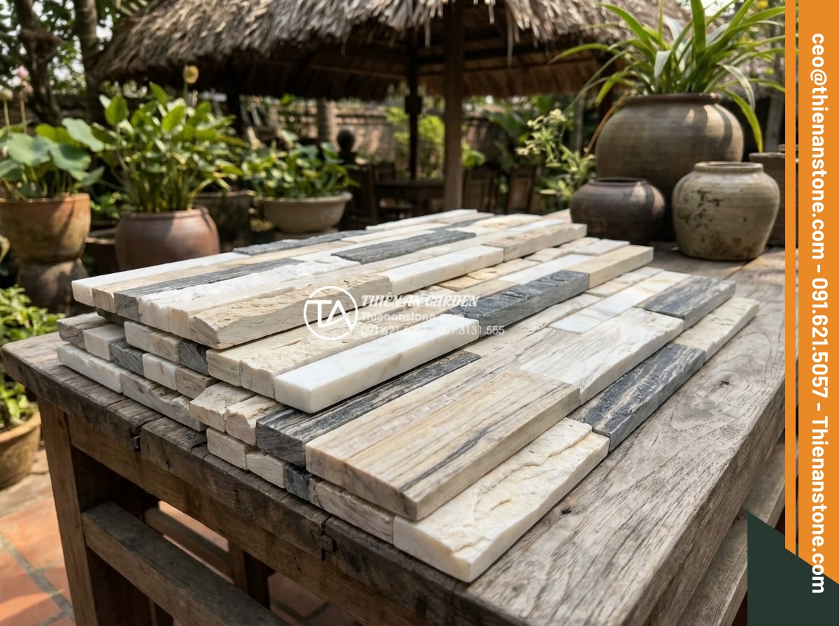 Tại sao nên dùng đá ghép vân gỗ thay cho gỗ tự nhiên khi ốp lát ngoài trời? - Variety of different wood grain stone mosaic tile samples displayed showing vari