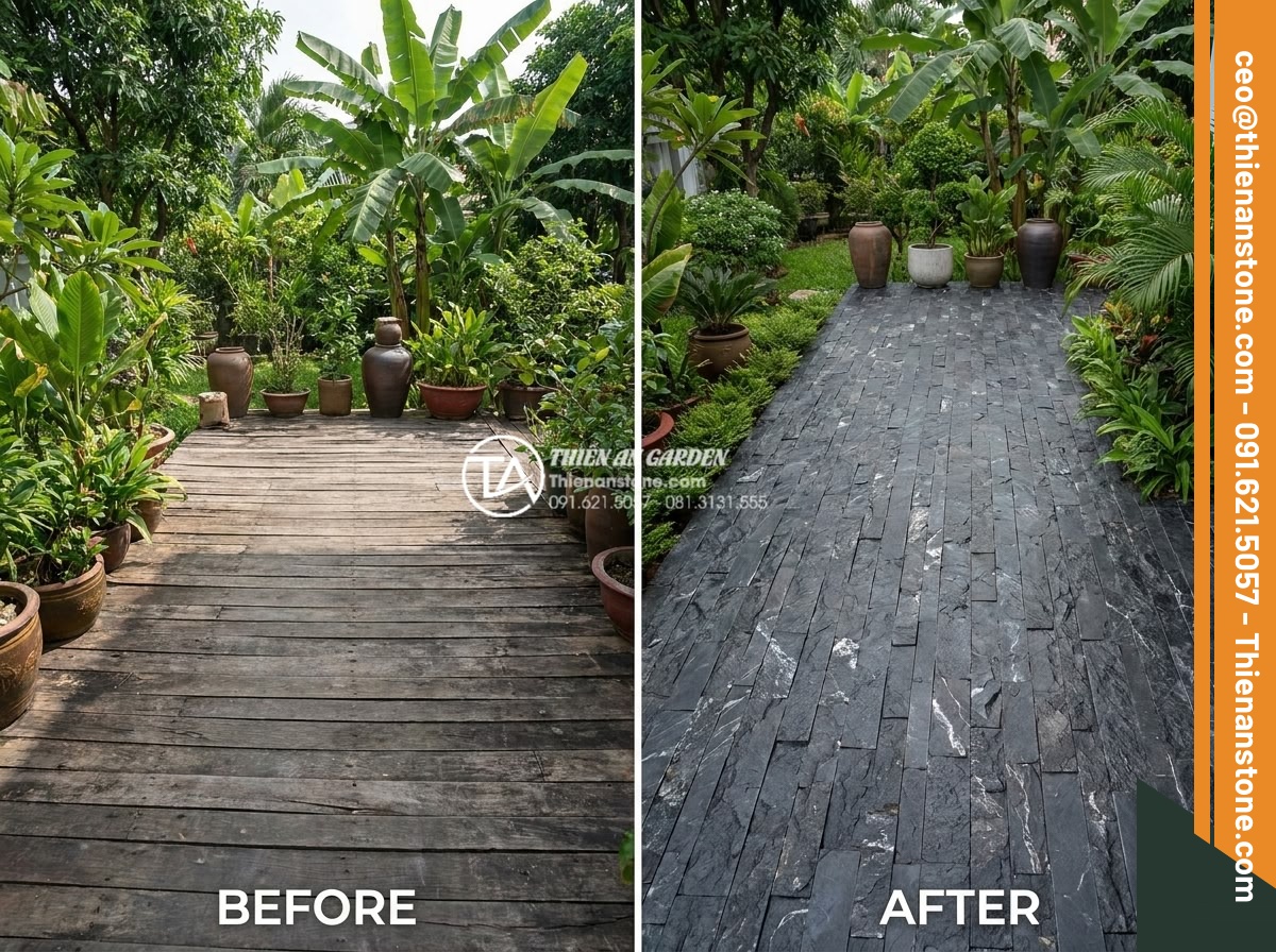 Tại sao nên dùng đá ghép vân gỗ thay cho gỗ tự nhiên khi ốp lát ngoài trời? - Before and after photos of a luxury villa garden transformation using wood grain