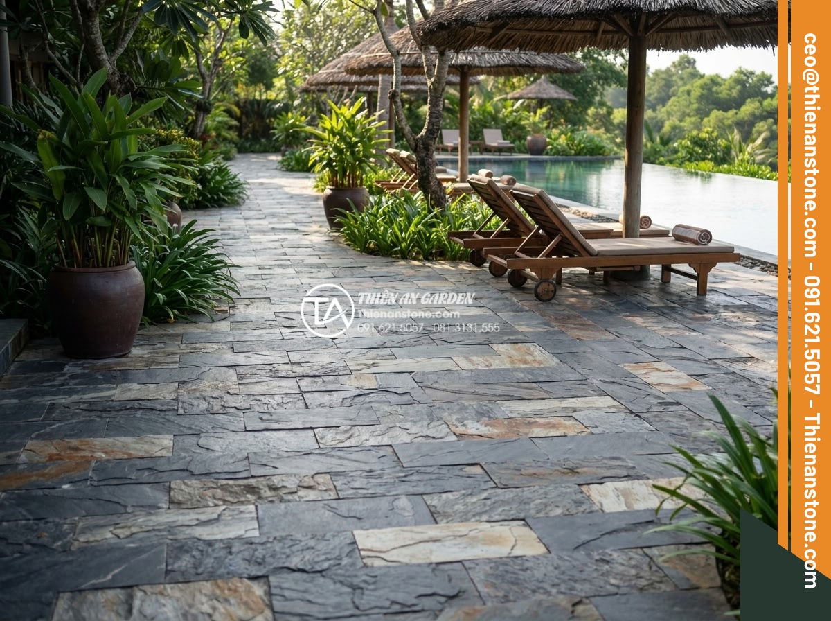 Tại sao nên dùng đá ghép vân gỗ thay cho gỗ tự nhiên khi ốp lát ngoài trời? - Successful resort project showcasing extensive use of wood grain stone tiles in 