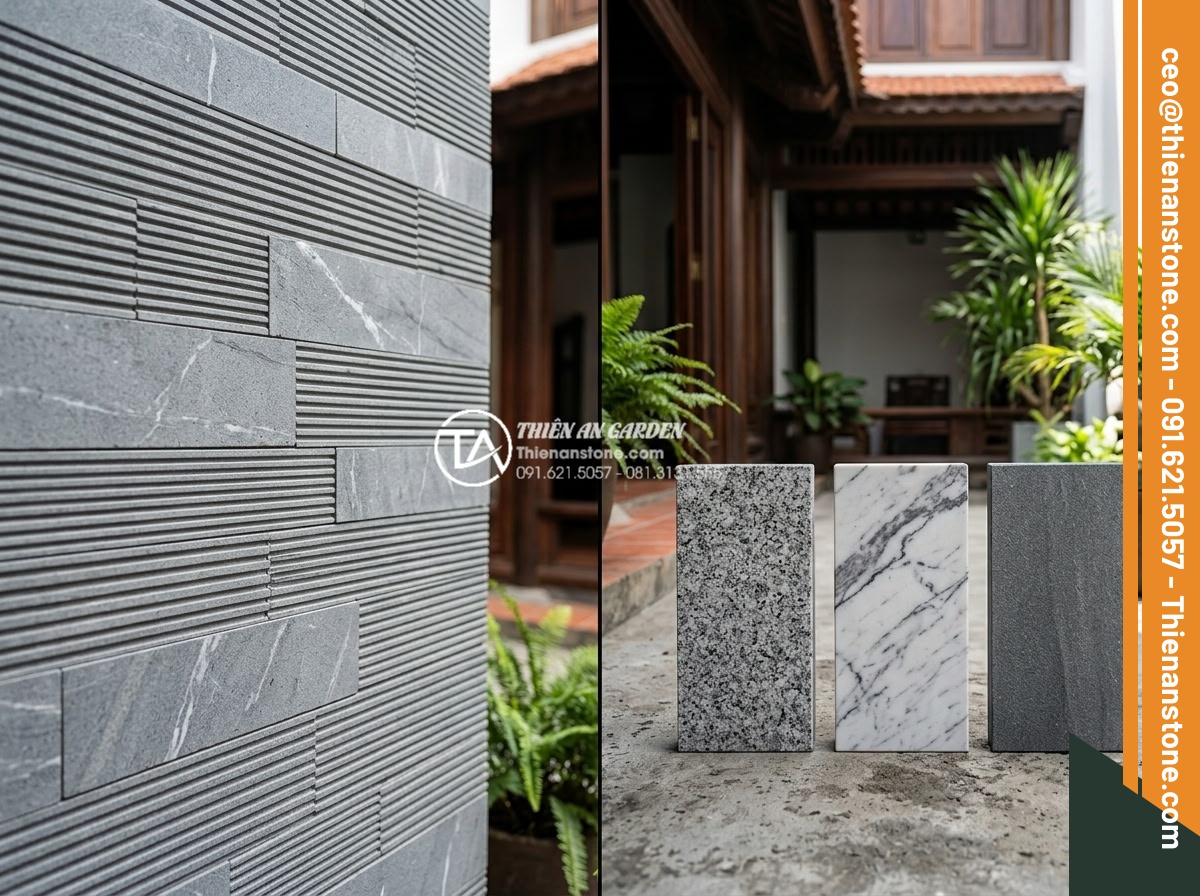 Tải trọn bộ Texture đá răng lược trắng cho kiến trúc sư và designer - Hình 11 Tải trọn bộ Texture đá răng lược trắng cho kiến trúc sư và designer - Side-by-side comparison render of white comb tooth stone texture versus granite,
