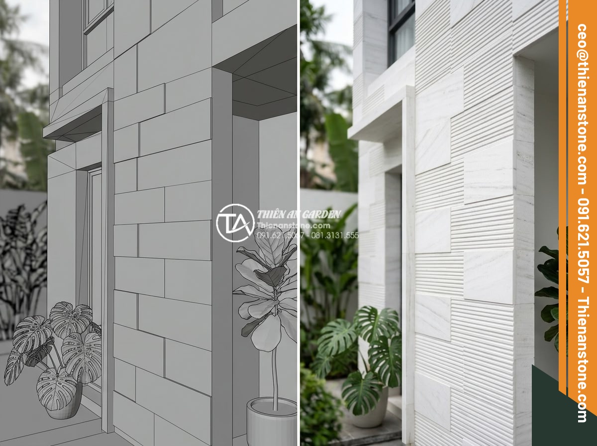 Tải trọn bộ Texture đá răng lược trắng cho kiến trúc sư và designer - Hình 13 Tải trọn bộ Texture đá răng lược trắng cho kiến trúc sư và designer - Before and after comparison of 3D architectural model with and without white com