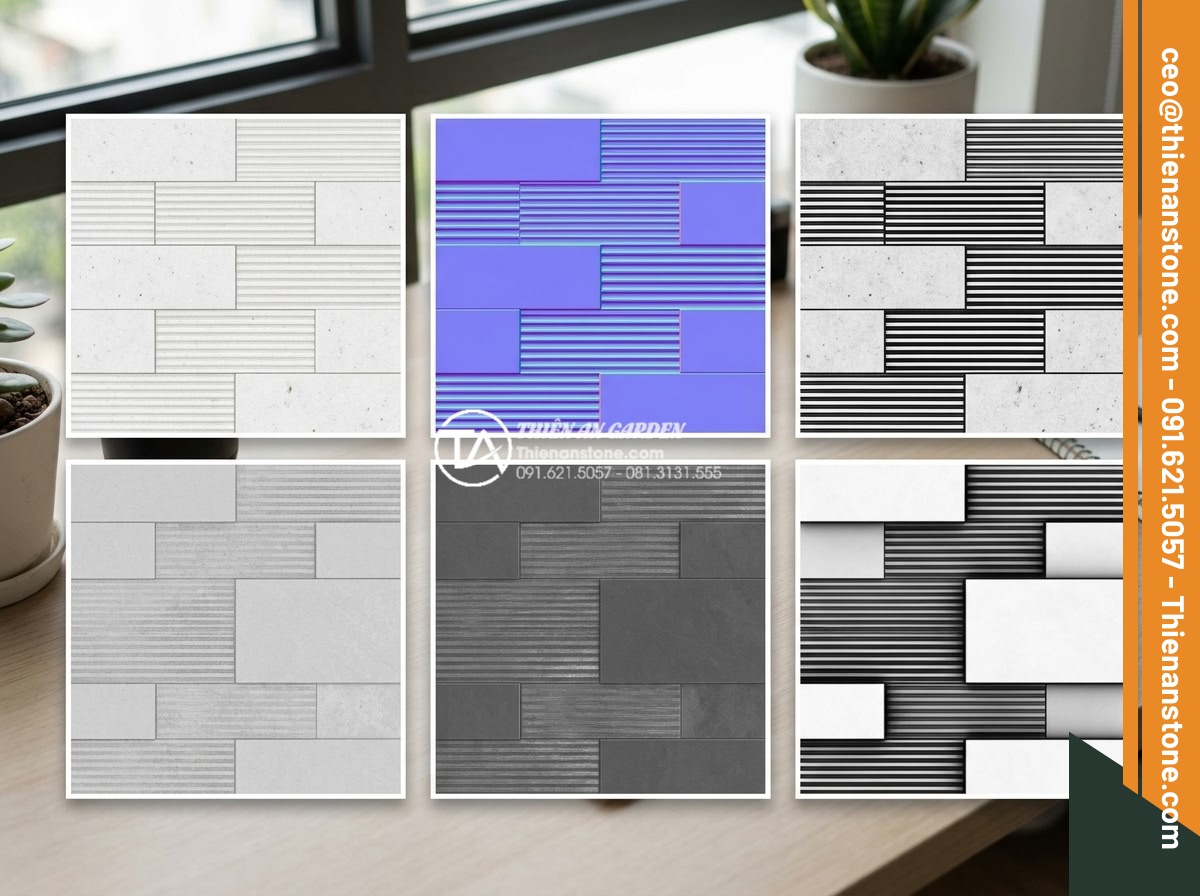 Tải trọn bộ Texture đá răng lược trắng cho kiến trúc sư và designer - Hình 5 Tải trọn bộ Texture đá răng lược trắng cho kiến trúc sư và designer - Complete set of PBR texture maps for white comb tooth stone displayed side by si