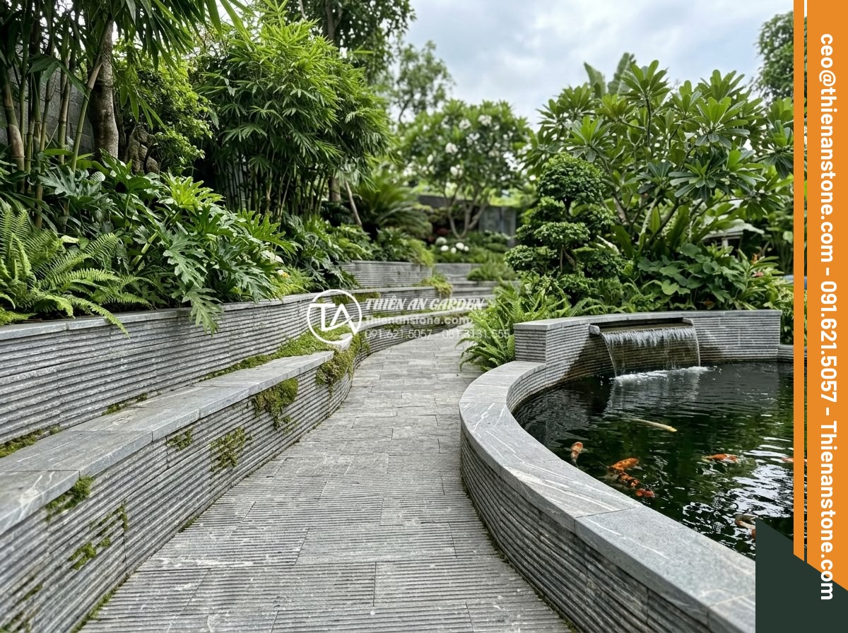 Tải trọn bộ Texture đá răng lược trắng cho kiến trúc sư và designer - Hình 7 Tải trọn bộ Texture đá răng lược trắng cho kiến trúc sư và designer - Realistic 3D rendering of landscape garden design featuring white comb tooth sto
