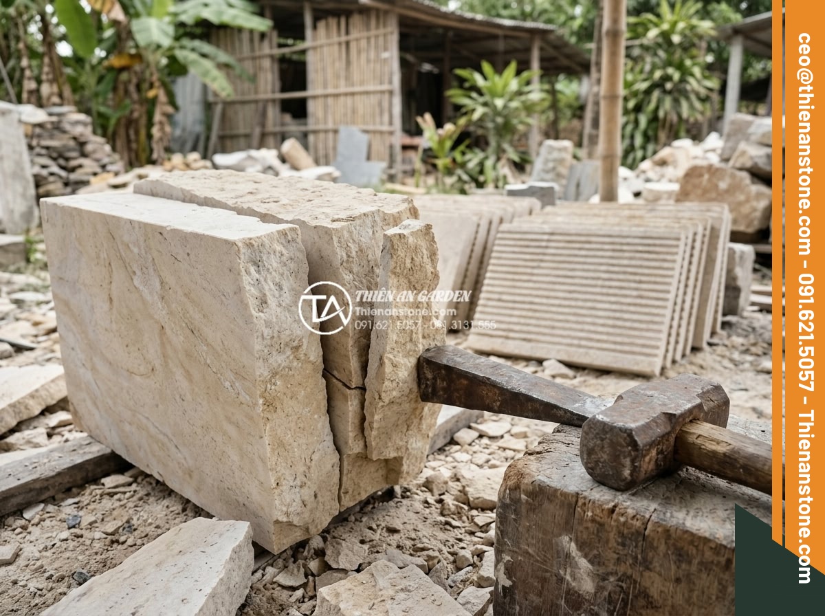 Tìm hiểu quy trình sản xuất đá chẻ răng lược thủ công tại làng nghề - Artisan using steel wedge and hammer to carefully split large granite block alon