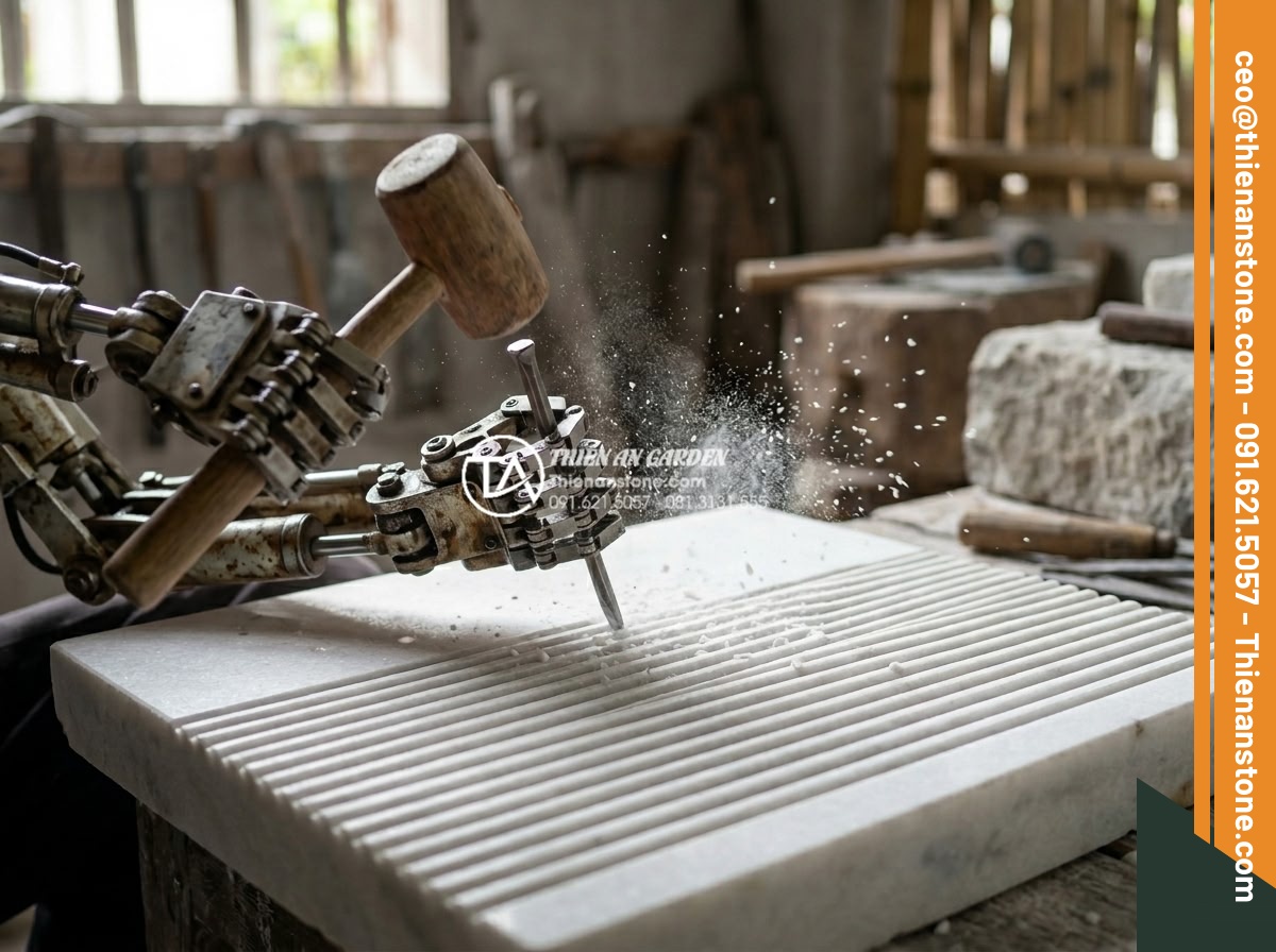 Tìm hiểu quy trình sản xuất đá chẻ răng lược thủ công tại làng nghề - Master craftsman meticulously chiseling the signature comb-tooth jagged pattern 