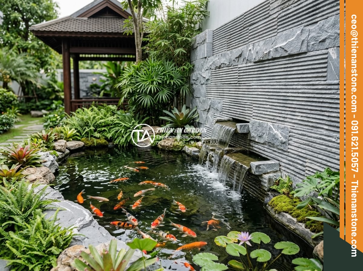 Tìm hiểu quy trình sản xuất đá chẻ răng lược thủ công tại làng nghề - Stunning luxury Koi pond bordered by hand-split comb-tooth natural stone walls w