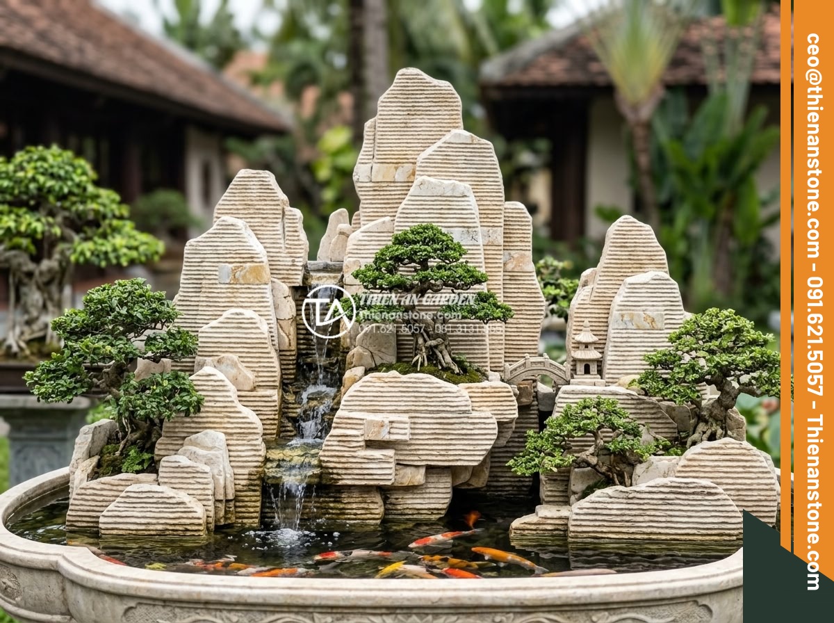 Tìm hiểu quy trình sản xuất đá chẻ răng lược thủ công tại làng nghề - Elegant resort non-bo miniature landscape featuring stacked handcrafted comb-too