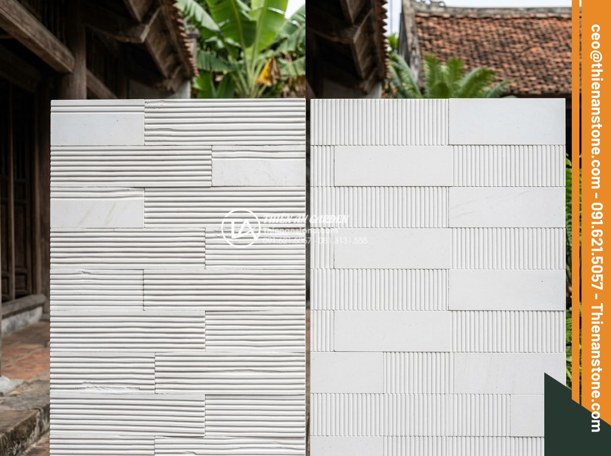 Tìm hiểu quy trình sản xuất đá chẻ răng lược thủ công tại làng nghề - Side-by-side comparison of handcrafted irregular comb-tooth stone versus machine