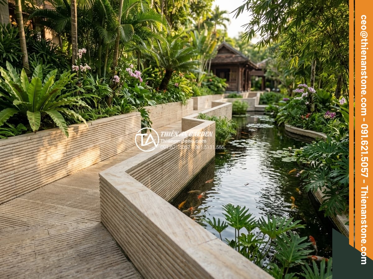 Tìm hiểu quy trình sản xuất đá chẻ răng lược thủ công tại làng nghề - Wide angle view of a luxurious Vietnamese resort garden featuring handcrafted co