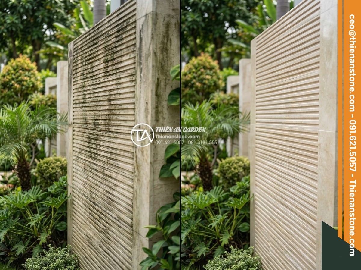 Tìm hiểu quy trình sản xuất đá chẻ răng lược thủ công tại làng nghề - Before and after images of restored comb-tooth stone wall showing removal of sta