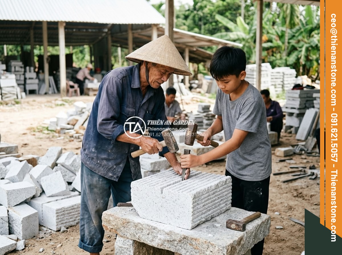 Tìm hiểu quy trình sản xuất đá chẻ răng lược thủ công tại làng nghề - Traditional Vietnamese stone craft village scene with elderly master artisan tea
