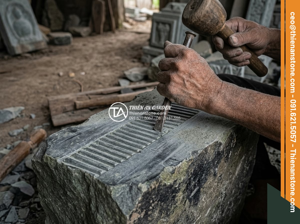 Tìm hiểu quy trình sản xuất đá chẻ răng lược thủ công tại làng nghề - Artisan hands covered in stone dust carefully chiseling the distinctive comb-too