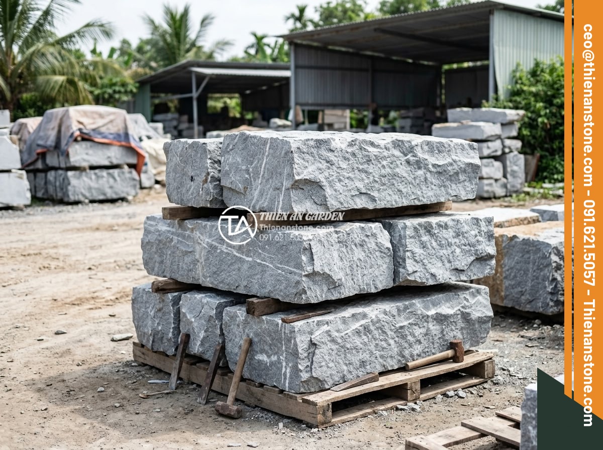 Tìm hiểu quy trình sản xuất đá chẻ răng lược thủ công tại làng nghề - Large raw granite blocks carefully selected and stacked in a clean stone yard, s