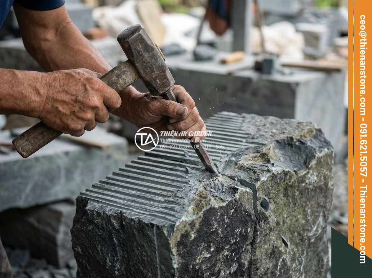 Tìm hiểu quy trình sản xuất đá chẻ răng lược thủ công tại làng nghề - Skilled artisan hands gripping a heavy hammer and chisel at precise 45 degree an