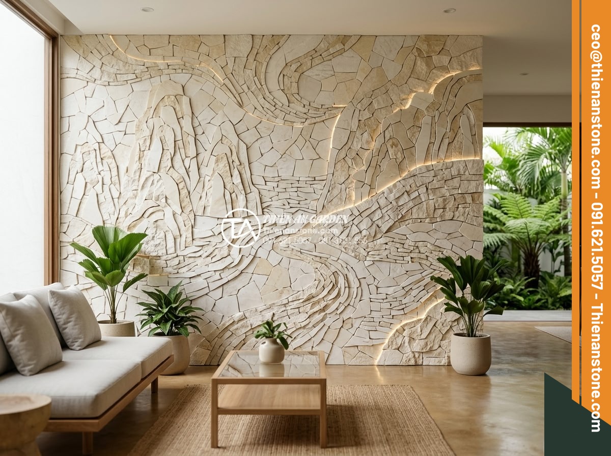 Tổng hợp các kiểu ghép đá trang trí tường độc đáo phá vỡ sự đơn điệu - Hình 1 Tổng hợp các kiểu ghép đá trang trí tường độc đáo phá vỡ sự đơn điệu - Elegant natural stone mosaic wall decoration featuring irregular shapes in warm