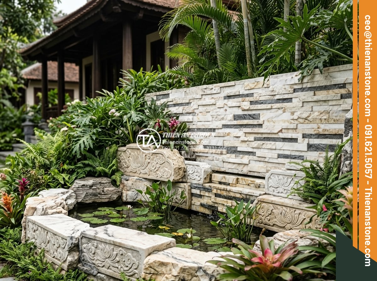 Tổng hợp các kiểu ghép đá trang trí tường độc đáo phá vỡ sự đơn điệu - Hình 10 Tổng hợp các kiểu ghép đá trang trí tường độc đáo phá vỡ sự đơn điệu - Rockery and stone wall combination in tropical garden setting with carved natura