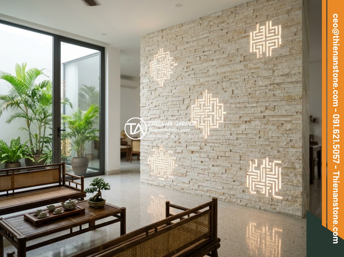 Tổng hợp các kiểu ghép đá trang trí tường độc đáo phá vỡ sự đơn điệu - Hình 11 Tổng hợp các kiểu ghép đá trang trí tường độc đáo phá vỡ sự đơn điệu - 2026 trend hybrid natural stone wall with glowing LED-embedded mosaic patterns i