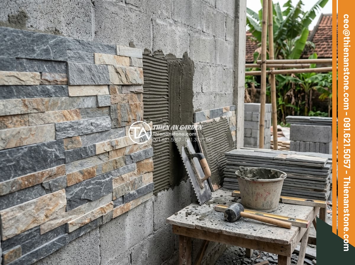 Tổng hợp các kiểu ghép đá trang trí tường độc đáo phá vỡ sự đơn điệu - Hình 13 Tổng hợp các kiểu ghép đá trang trí tường độc đáo phá vỡ sự đơn điệu - Professional stone mosaic installation process showing workers applying speciali