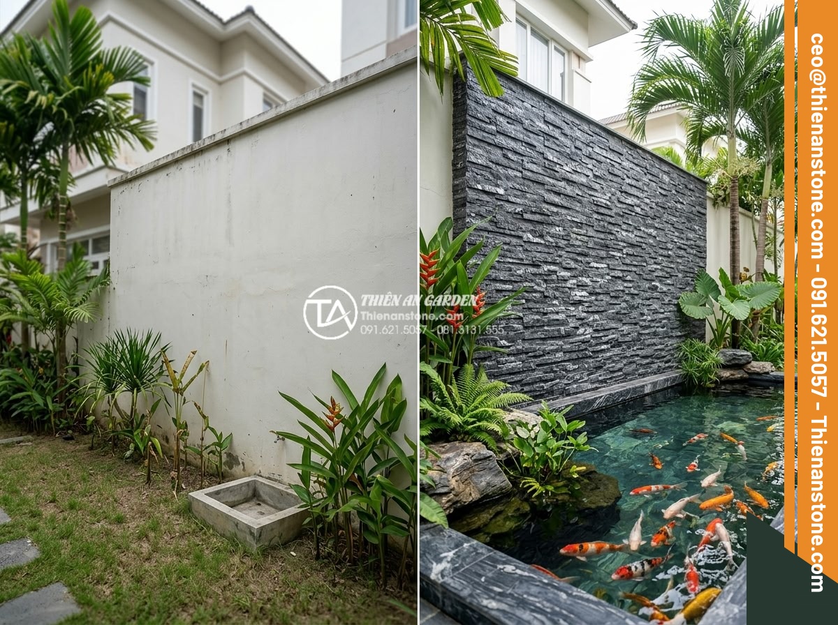 Tổng hợp các kiểu ghép đá trang trí tường độc đáo phá vỡ sự đơn điệu - Hình 17 Tổng hợp các kiểu ghép đá trang trí tường độc đáo phá vỡ sự đơn điệu - Real project case study of luxury villa with custom stone mosaic wall and Koi po