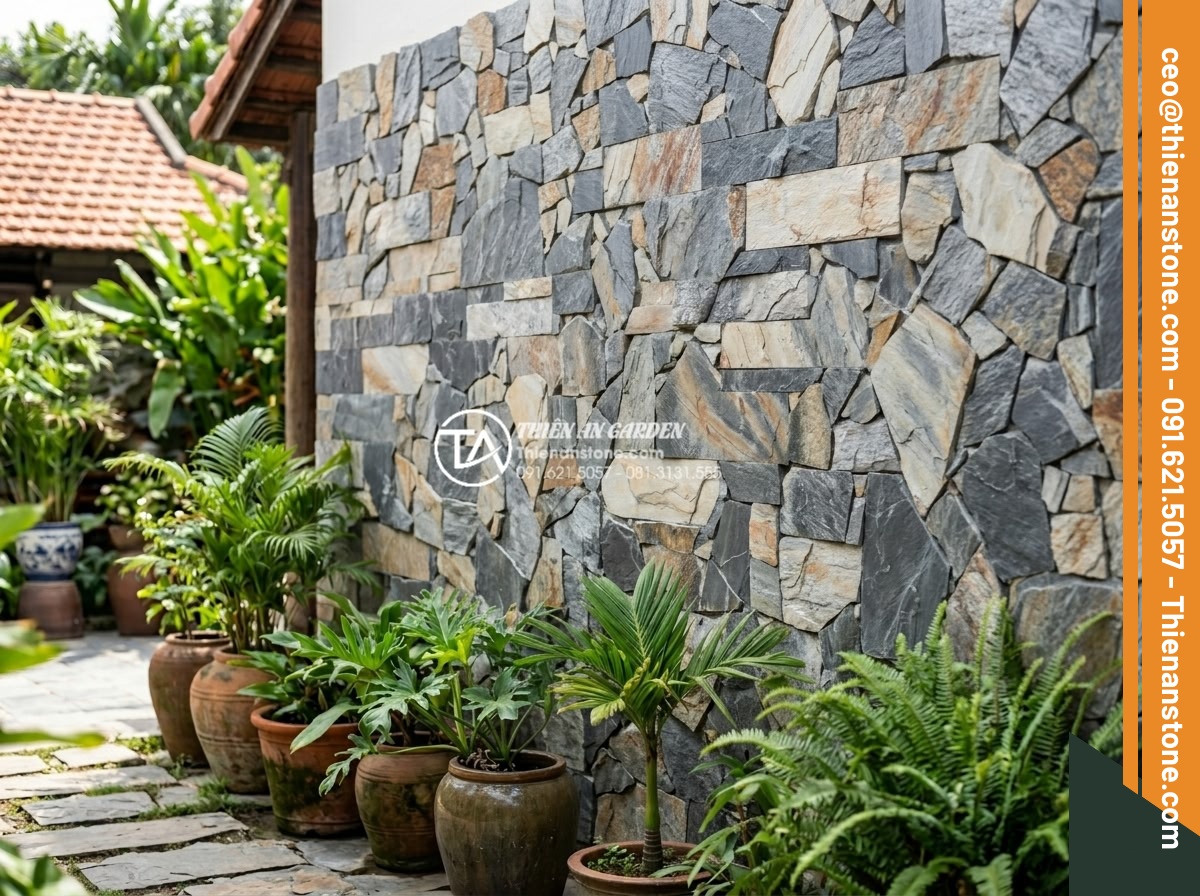 Tổng hợp các kiểu ghép đá trang trí tường độc đáo phá vỡ sự đơn điệu - Hình 3 Tổng hợp các kiểu ghép đá trang trí tường độc đáo phá vỡ sự đơn điệu - Basic random stone mosaic pattern on a textured wall using various sizes of natu