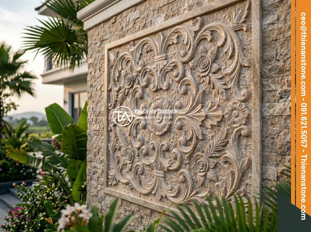 Tổng hợp các kiểu ghép đá trang trí tường độc đáo phá vỡ sự đơn điệu - Hình 7 Tổng hợp các kiểu ghép đá trang trí tường độc đáo phá vỡ sự đơn điệu - Classic European style carved stone wall mosaic with intricate floral patterns a