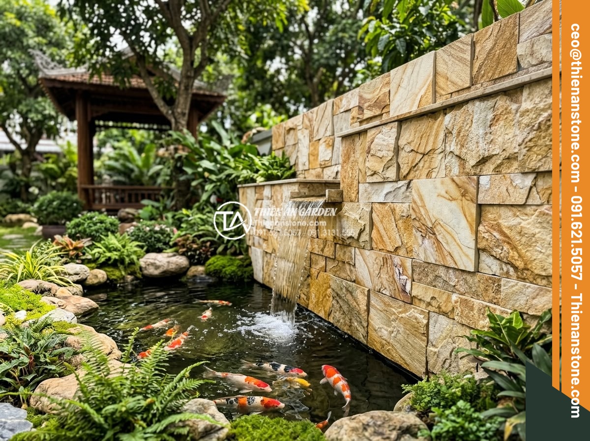 Tổng hợp các kiểu ghép đá trang trí tường độc đáo phá vỡ sự đơn điệu - Hình 9 Tổng hợp các kiểu ghép đá trang trí tường độc đáo phá vỡ sự đơn điệu - Natural stone mosaic garden wall integrated with Koi pond design using mixed ear