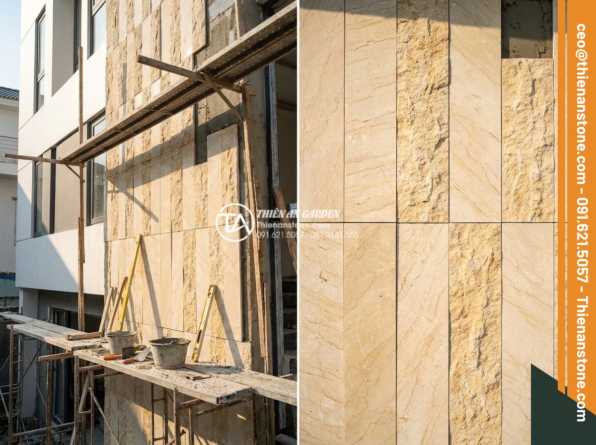 Top 10 mẫu đá ghép vàng và đá ghép 4 màu trang trí mặt tiền sang trọng - Hình 4 Top 10 mẫu đá ghép vàng và đá ghép 4 màu trang trí mặt tiền sang trọng - Golden mosaic stone panel installation process on modern building exterior with