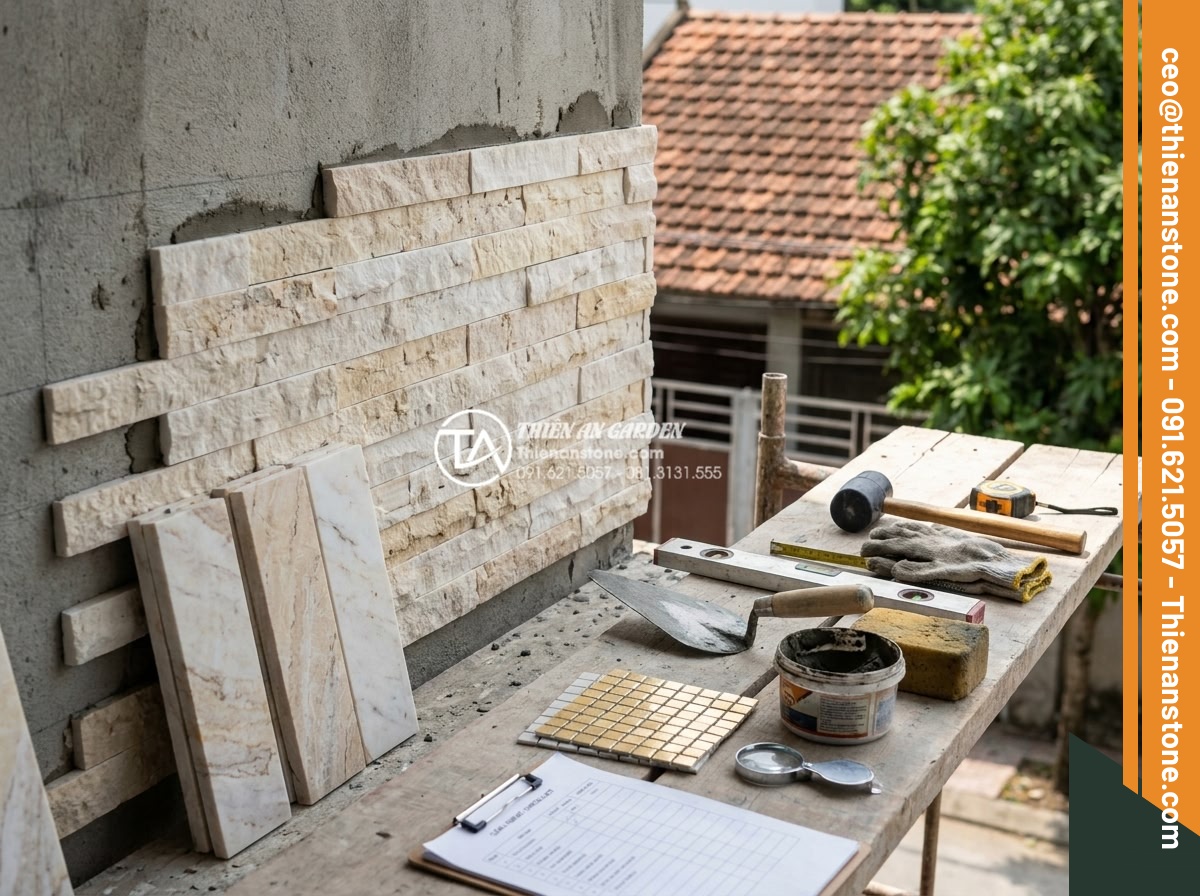 Top 10 mẫu đá ghép vàng và đá ghép 4 màu trang trí mặt tiền sang trọng - Hình 9 Top 10 mẫu đá ghép vàng và đá ghép 4 màu trang trí mặt tiền sang trọng - Professional stone mason installing gold mosaic tiles on building facade with pr