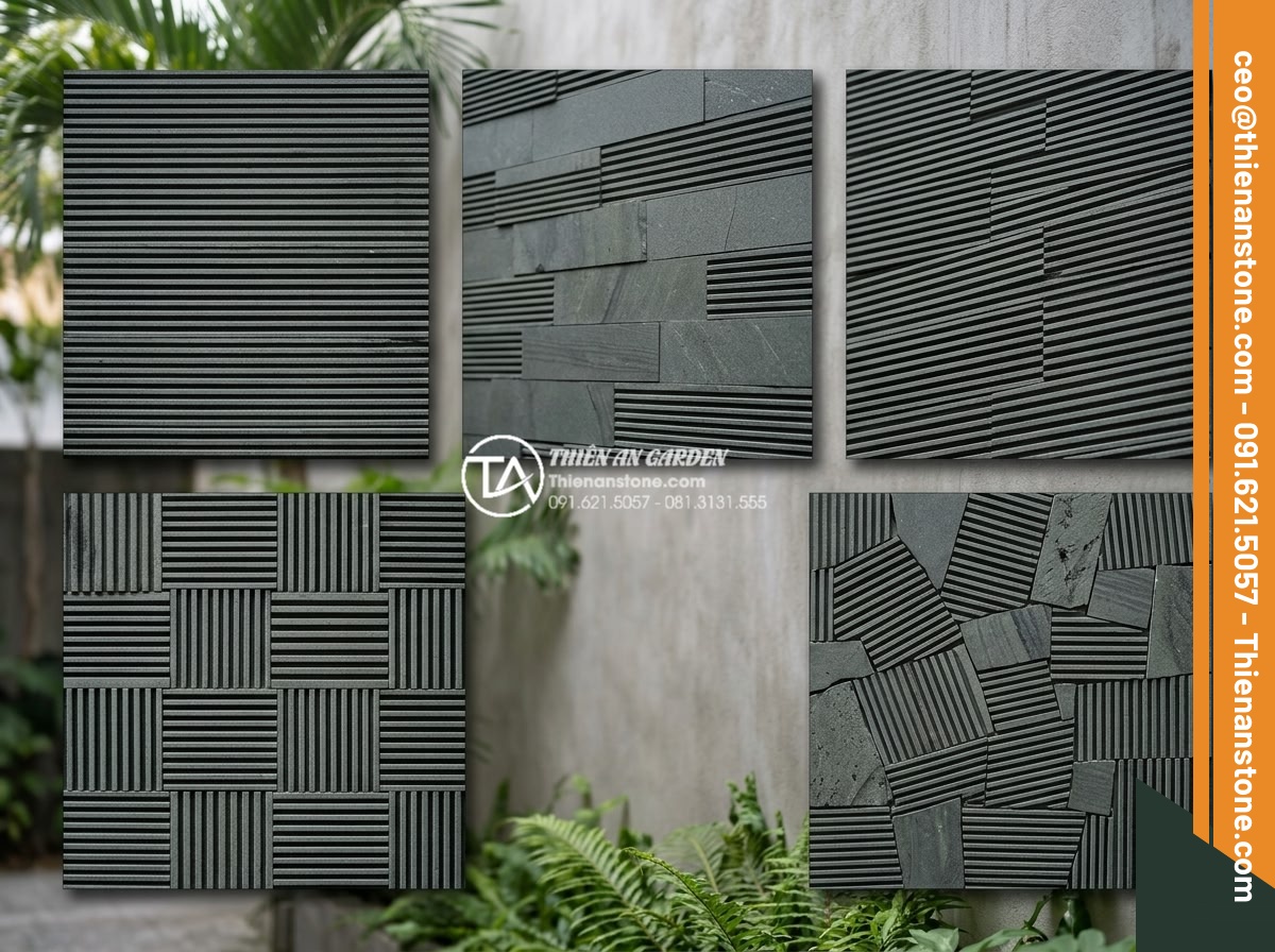 Top 10 mẫu đá răng lược đen ốp giếng trời tạo chiều sâu cực đỉnh - Hình 12 Top 10 mẫu đá răng lược đen ốp giếng trời tạo chiều sâu cực đỉnh - Five minimalist designs of black tooth comb stone skywell cladding arranged in c