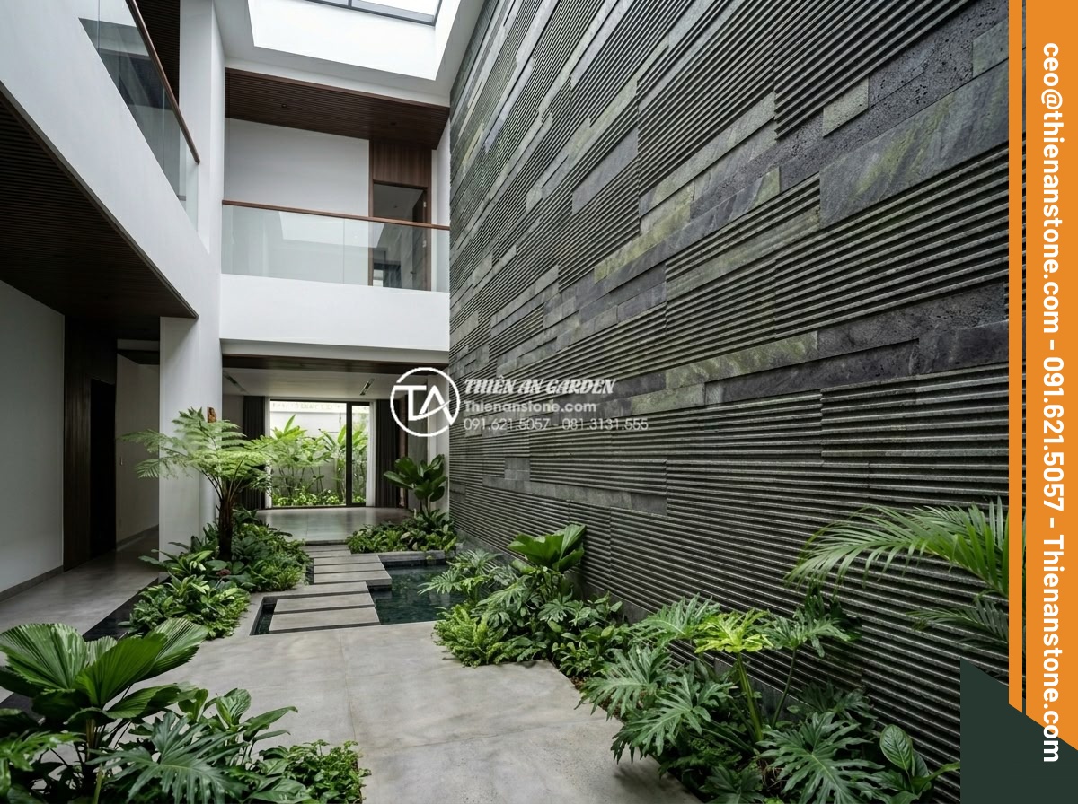 Top 10 mẫu đá răng lược đen ốp giếng trời tạo chiều sâu cực đỉnh - Hình 20 Top 10 mẫu đá răng lược đen ốp giếng trời tạo chiều sâu cực đỉnh - Completed luxury skywell project by Da Canh Thien An featuring top black tooth c