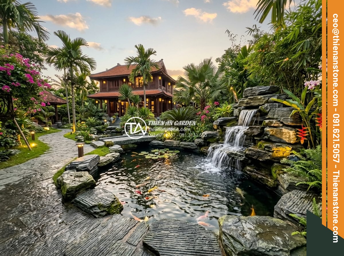 Top 5 địa chỉ mua đá răng lược uy tín, giá tận gốc tại Việt Nam - Photorealistic wide-angle view of a luxurious Vietnamese villa garden featuring 