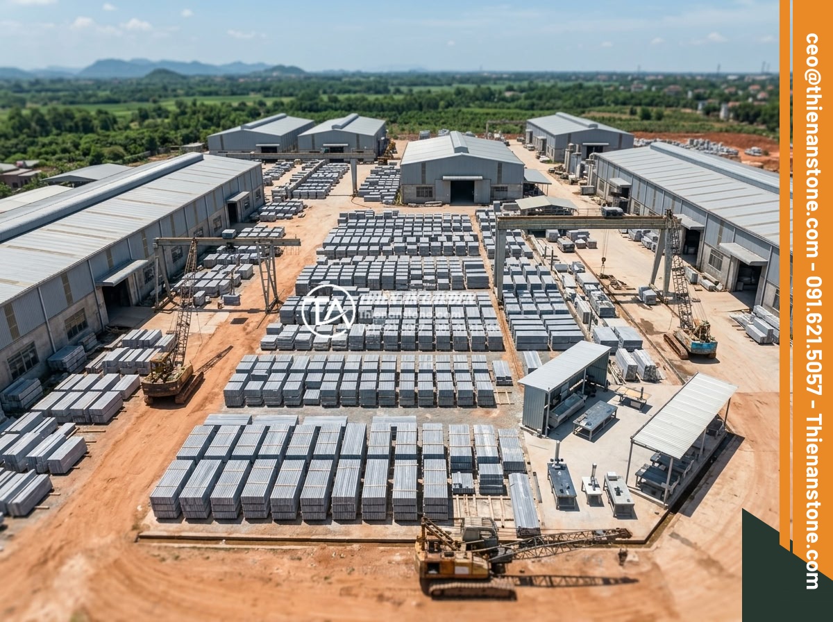 Top 5 địa chỉ mua đá răng lược uy tín, giá tận gốc tại Việt Nam - Aerial view of large modern stone processing factory in Ha Nam Vietnam with stac