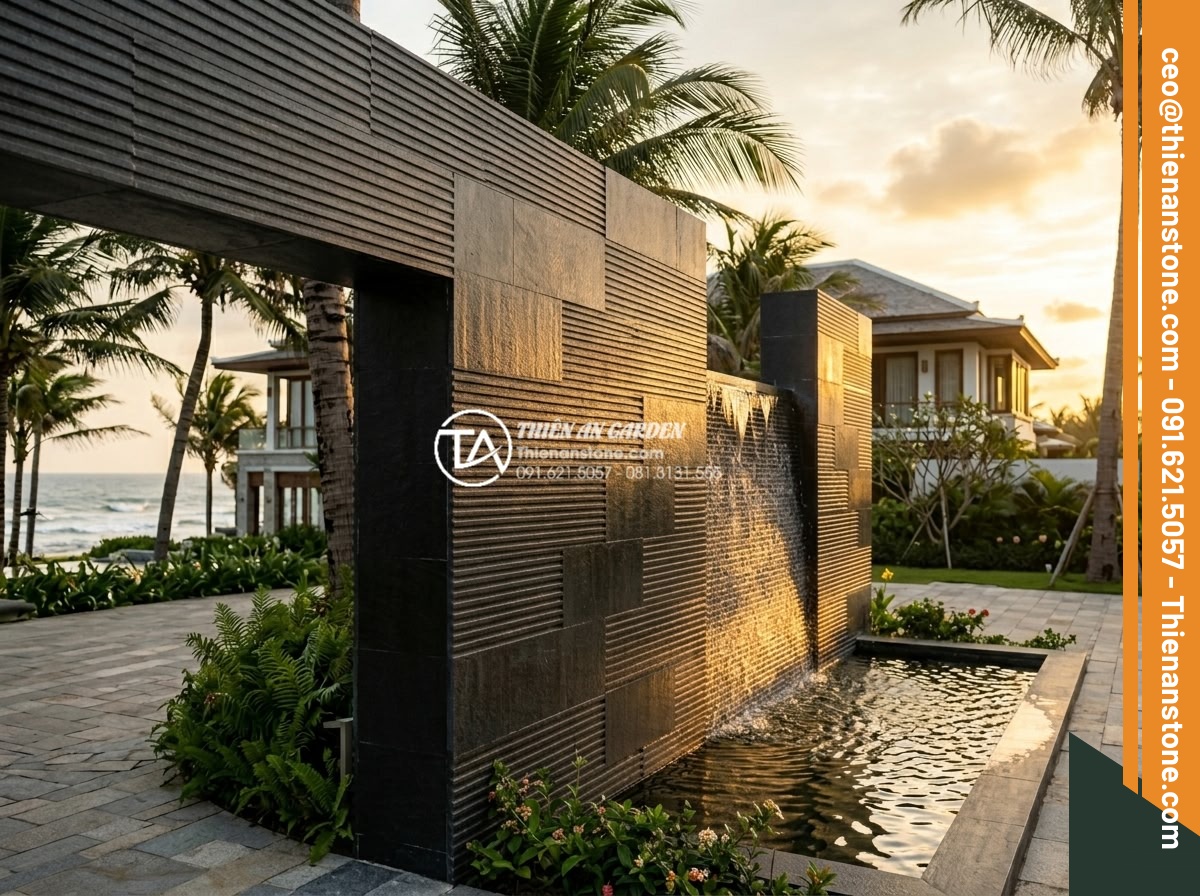 Top 5 địa chỉ mua đá răng lược uy tín, giá tận gốc tại Việt Nam - Beautiful coastal Vietnamese resort entrance featuring black da rang luoc stone 
