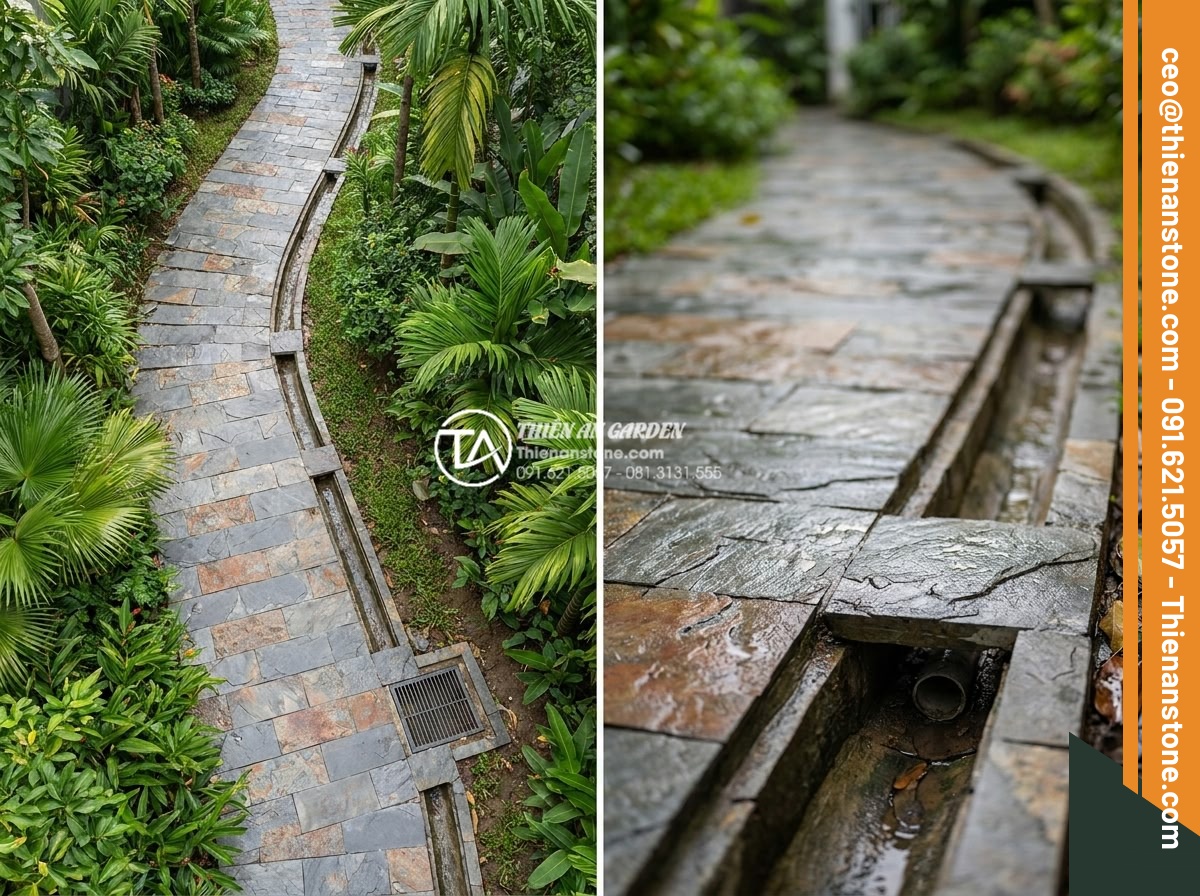 Top 7 lỗi thường gặp khi thi công ghép mòi đá và cách khắc phục triệt để - Hình 11 Top 7 lỗi thường gặp khi thi công ghép mòi đá và cách khắc phục triệt để - Aerial and ground-level photos of a well-designed ghép mòi đá garden path with i